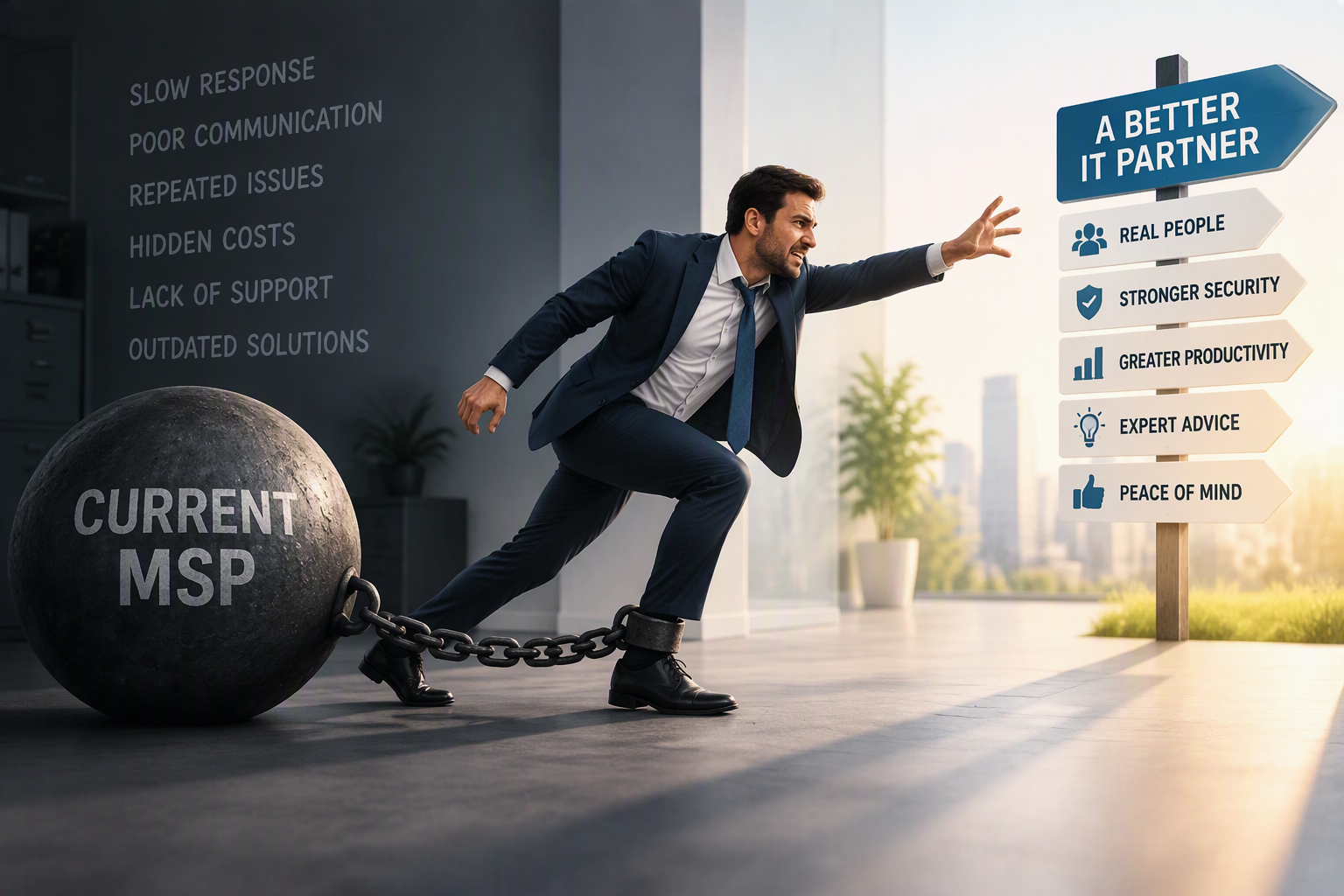 Business professional breaking away from a current MSP and moving towards better IT support, stronger security, expert advice, and peace of mind.